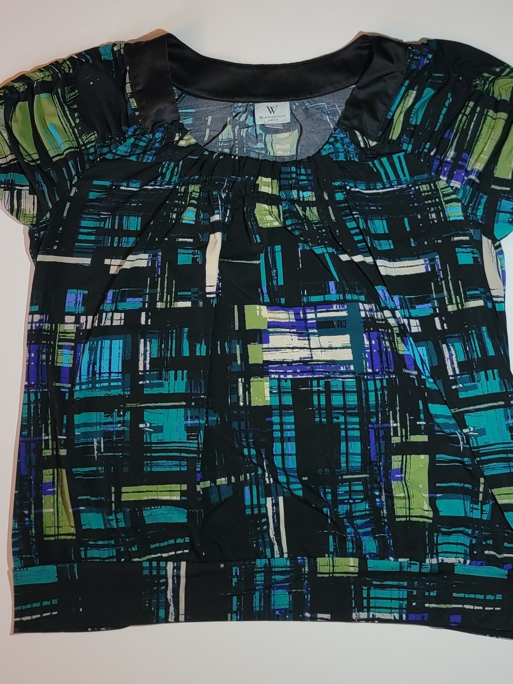 Worthington Black Teal Green Geometric Print Blouse